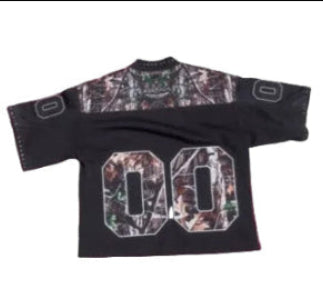 Black sports jersey with camouflage pattern on a white background
