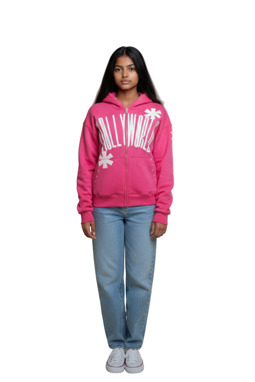 M0LLYW0RLD PINK ZIP-UP HOODIE